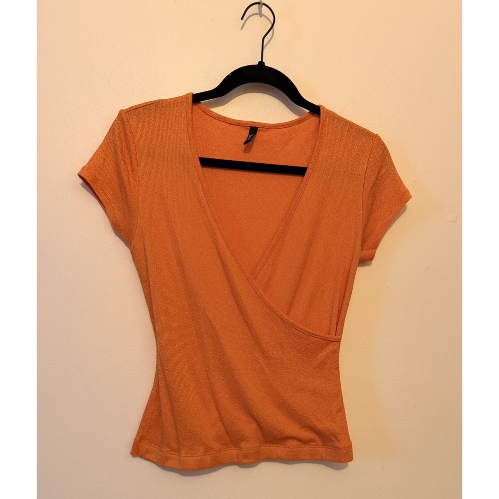 Vintage Y2K Orange Wrap-Style Short Sleeve Top – XS / S